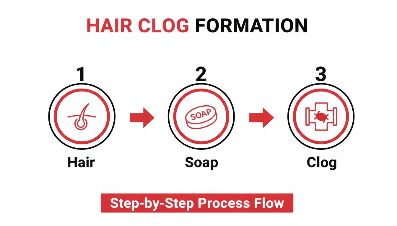 Illustrative diagram showing the step-by-step formation of a hair clog from hair and soap.