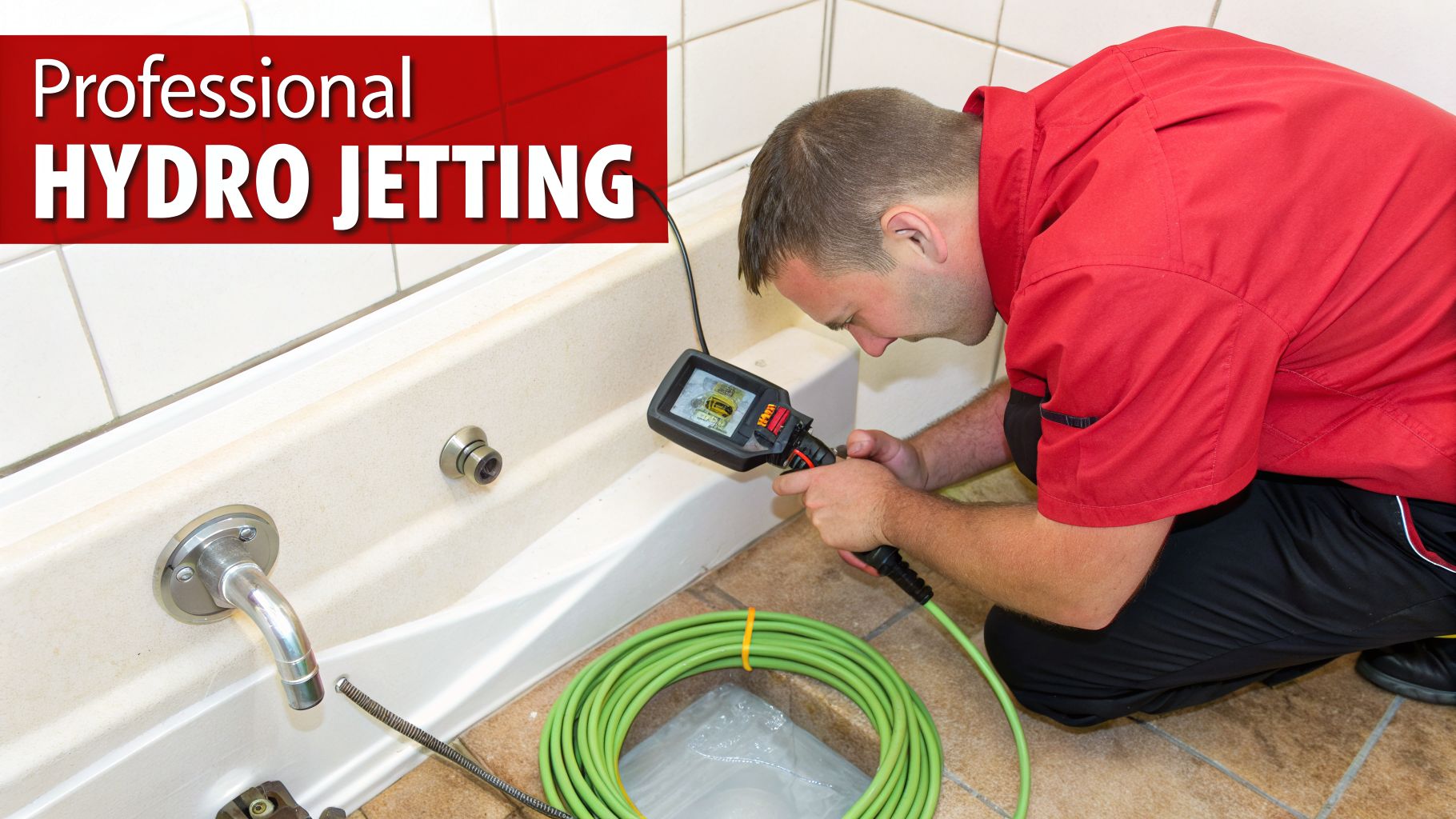 A professional plumber uses a camera for hydro jetting service, inspecting a clogged bathtub drain with a green hose.