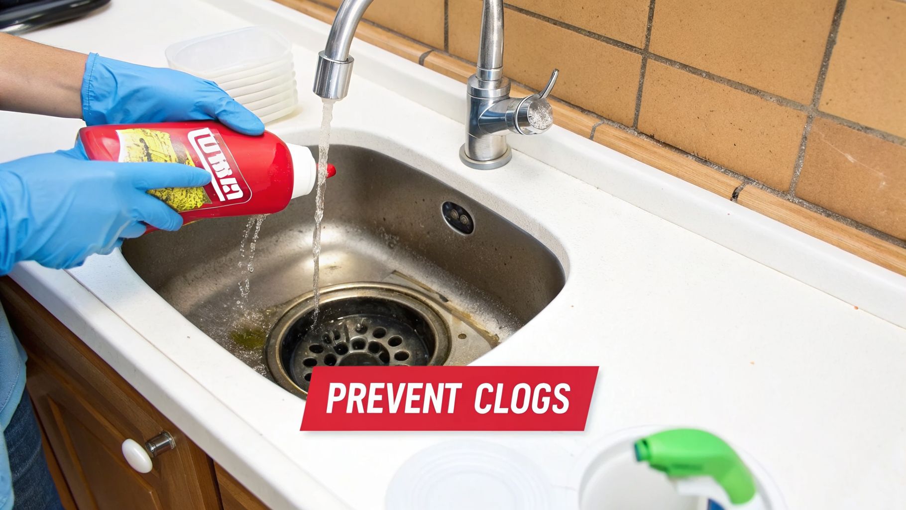 Person in blue gloves pouring drain cleaner from a red bottle into a kitchen sink to prevent clogs.
