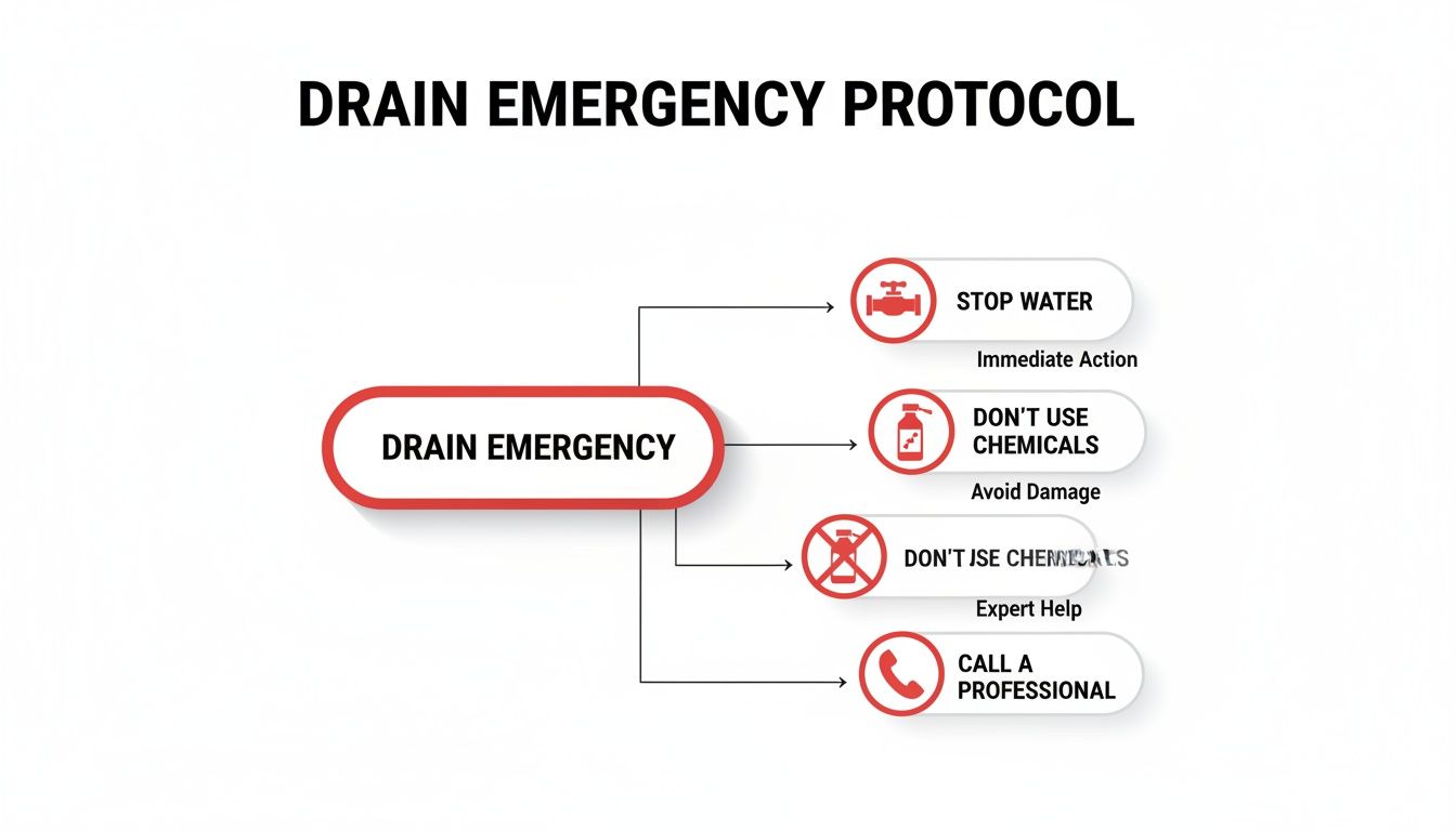 Flowchart outlining a drain emergency protocol, advising to stop water, avoid chemicals, and call a professional.
