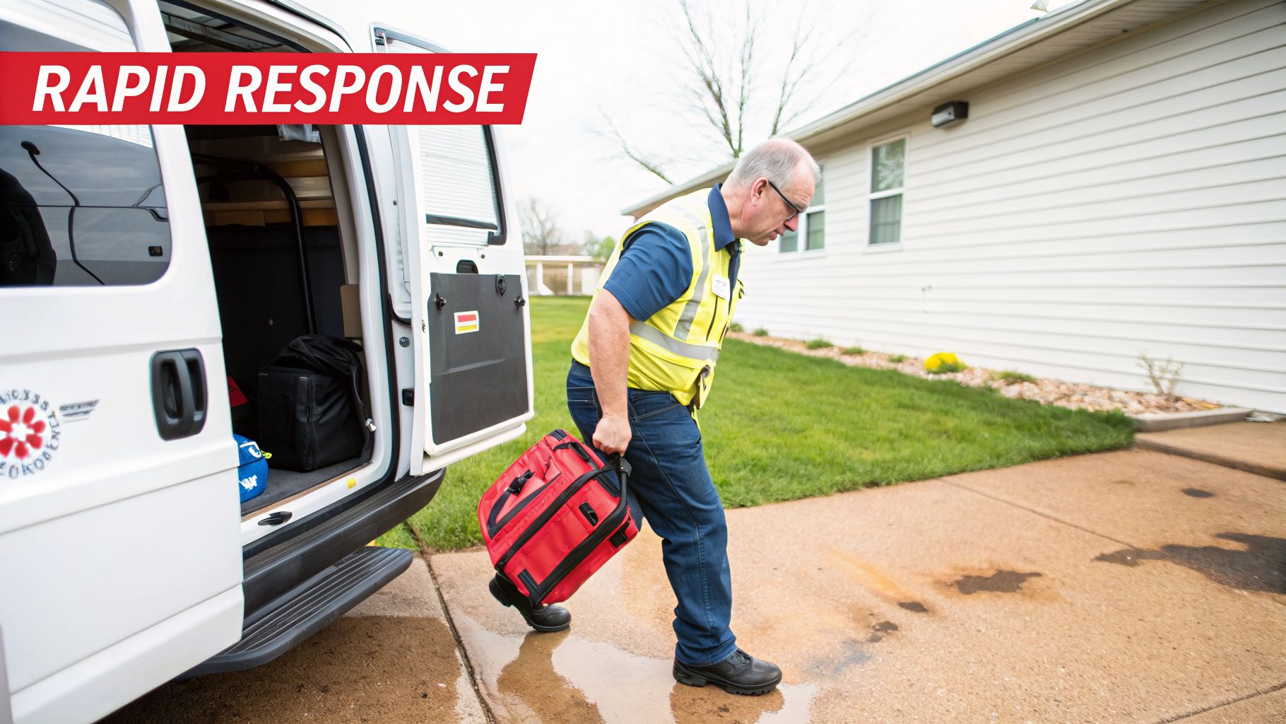 A service technician in a reflective vest exits a white van carrying a red equipment bag for a rapid response.