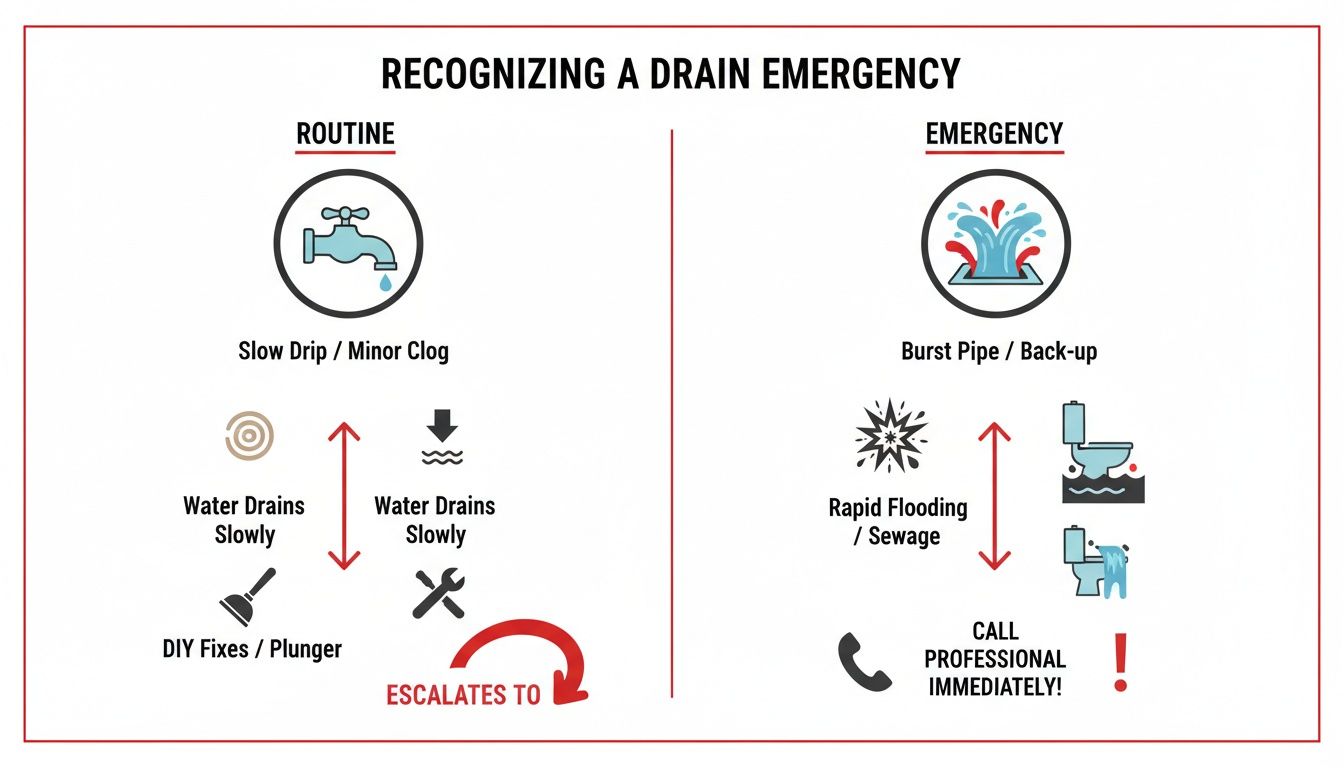 An infographic illustrating the difference between routine drain problems and drain emergencies, with visual examples.