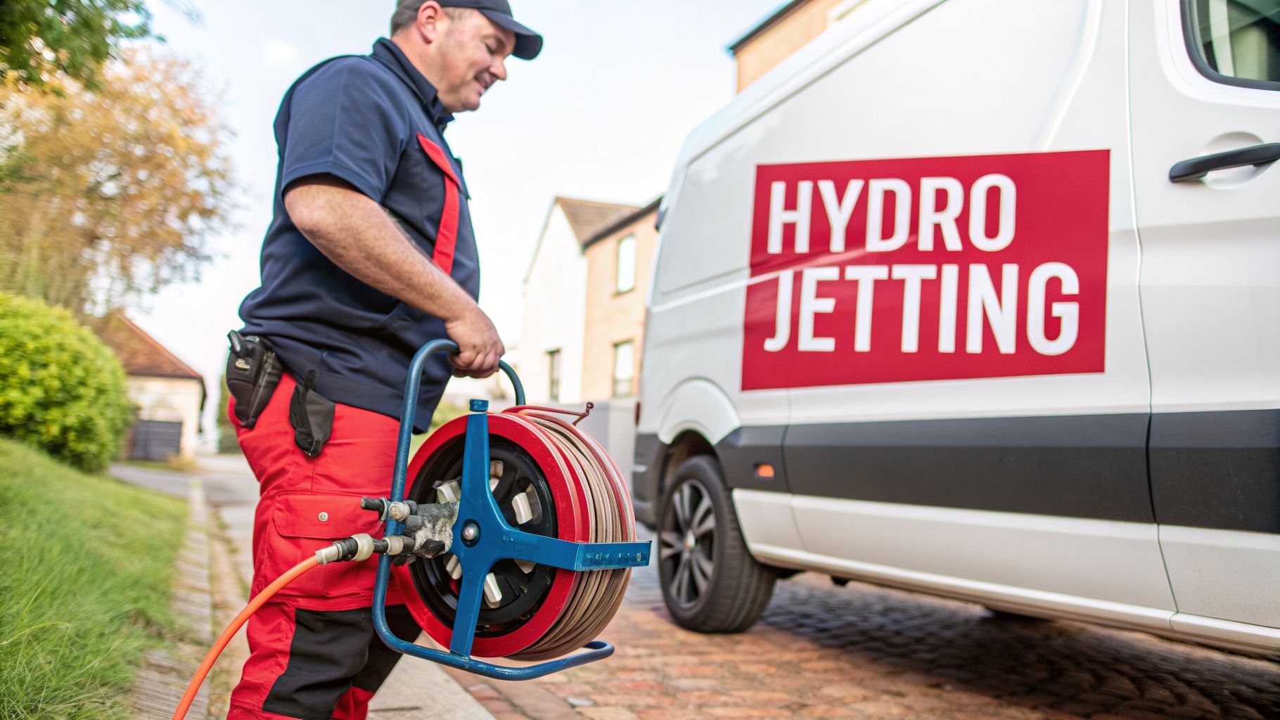 A man in work uniform holds a hydro jetting hose reel next to a white van.
