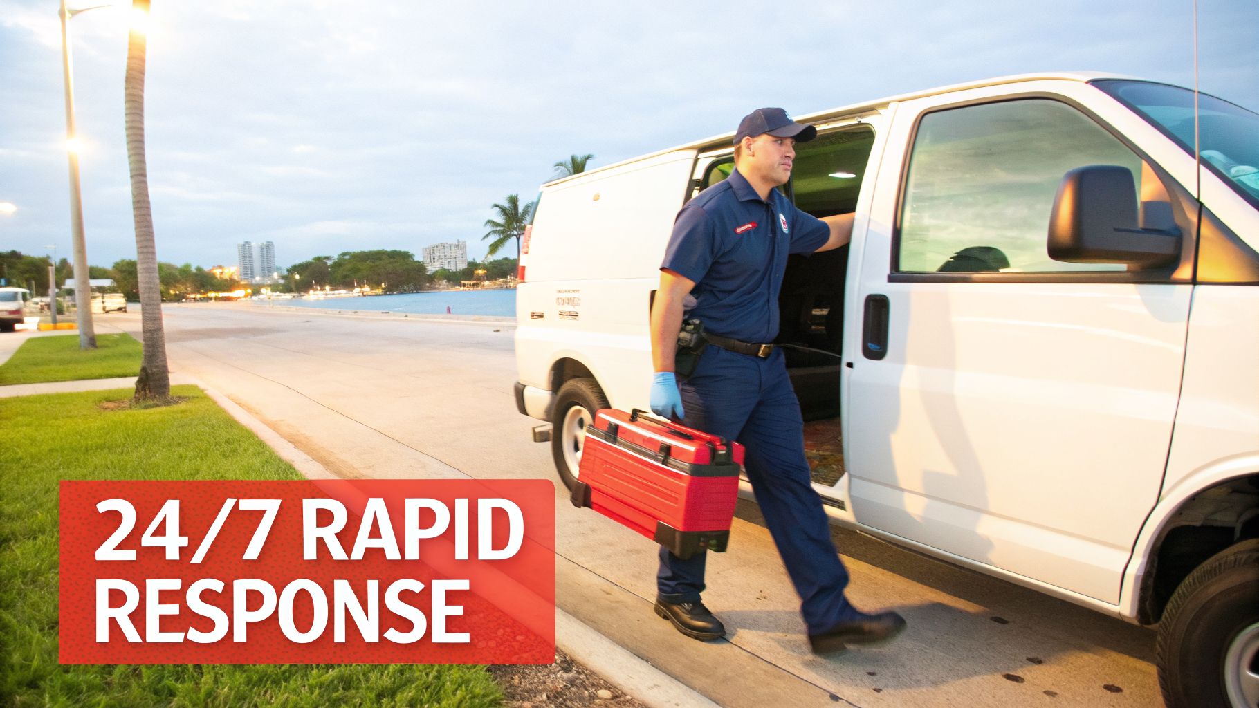 A service technician in uniform exits a white van, carrying a red toolbox for rapid response.