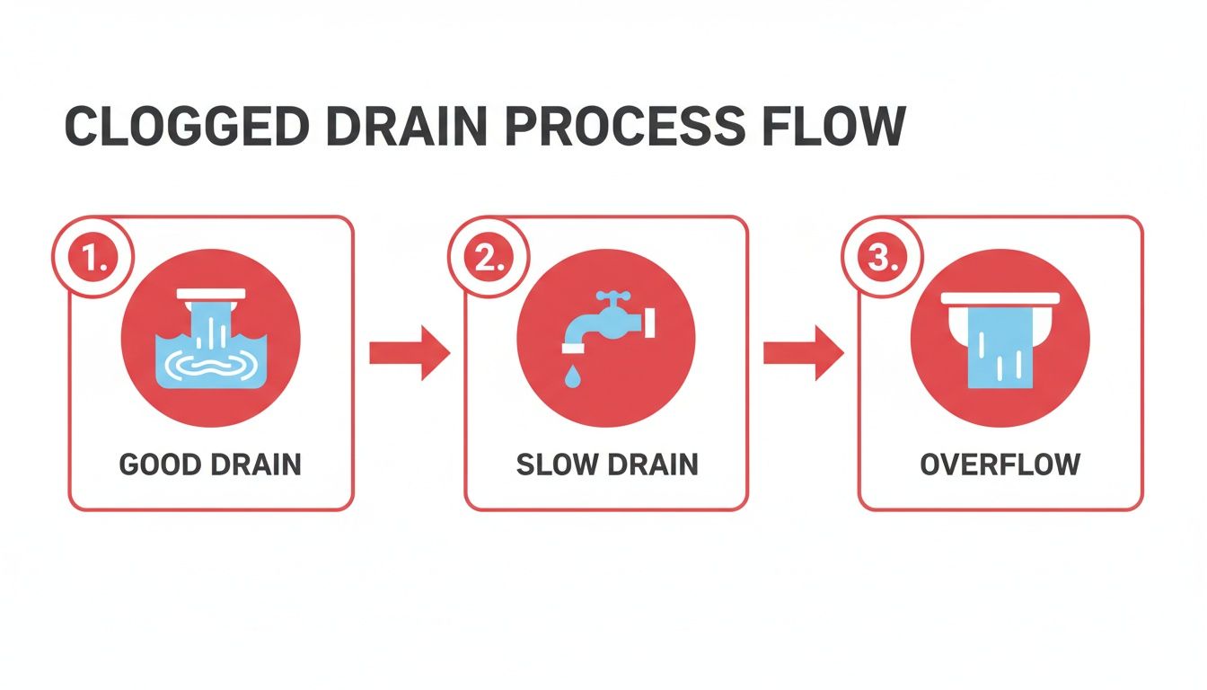 A three-step process flow illustrating drain problems: good drain, slow drain, and overflow.