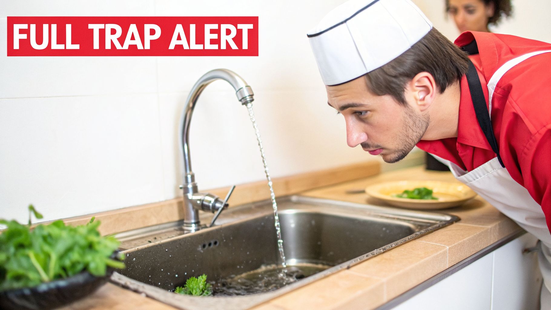 A chef in a white hat and red shirt inspects a kitchen sink with running water, marked 'FULL TRAP ALERT'.