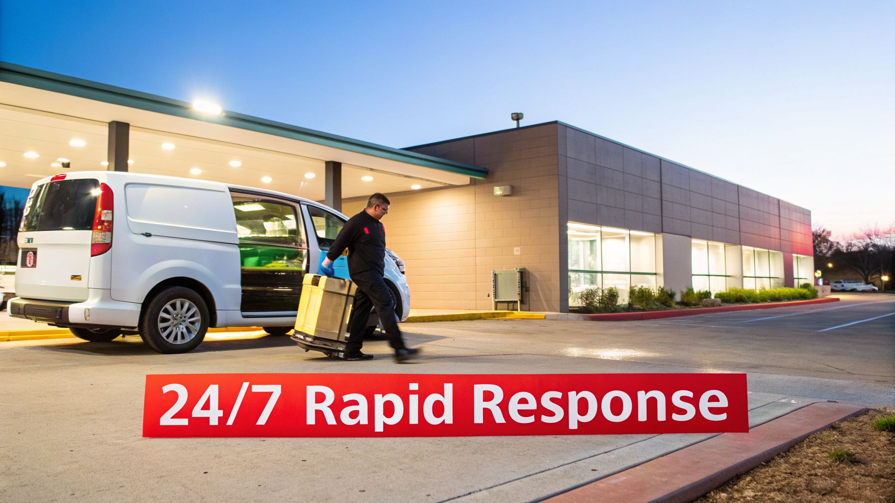 A service professional unloads equipment from a white service van, highlighting 24/7 rapid response services.