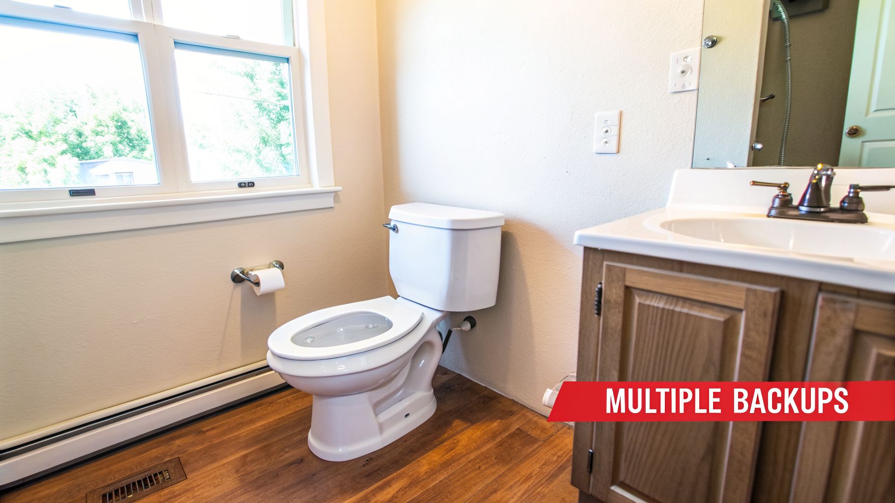 How to Tell if a Sewer Line is Broken: Quick Signs and Expert Help 2 A bright bathroom featuring a white toilet, wood floor, and vanity with a sink and mirror.