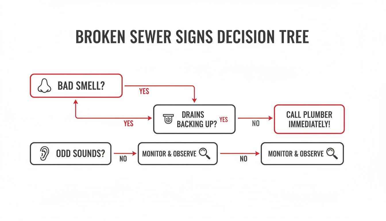 How to Tell if a Sewer Line is Broken: Quick Signs and Expert Help 1 Flowchart outlining common symptoms and steps to determine if a sewer line is broken.