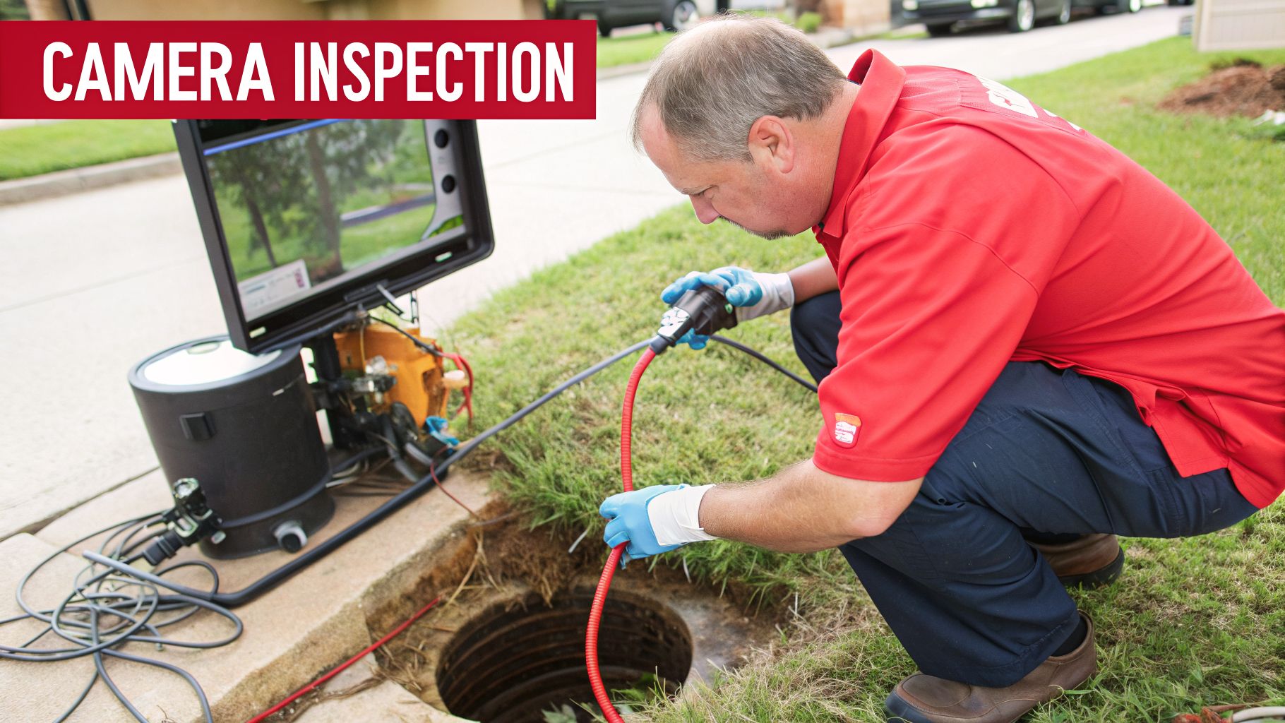 How to Tell if a Sewer Line is Broken: Quick Signs and Expert Help 4 A man in a red shirt and gloves performs a camera inspection of a sewer line.