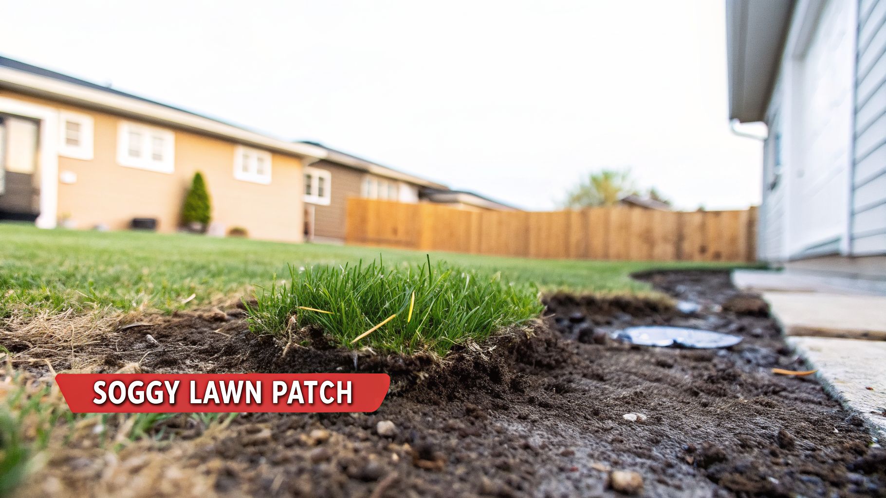 How to Tell if a Sewer Line is Broken: Quick Signs and Expert Help 3 A close-up of a very wet and muddy lawn patch with green grass, indicating a soggy area in a residential backyard.