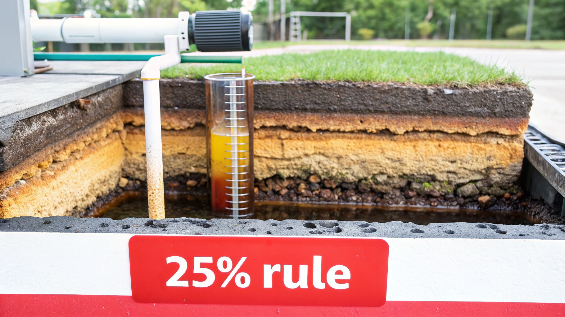 A cross-section display shows soil layers with grass, a pipe draining, and a beaker with separated liquids, indicating a '25% rule' system.
