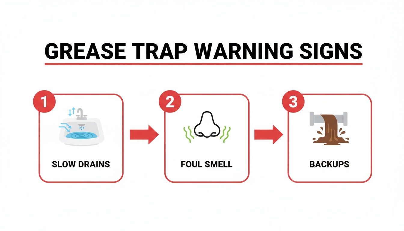 Infographic illustrating three grease trap warning signs: slow drains, foul smell, and backups.