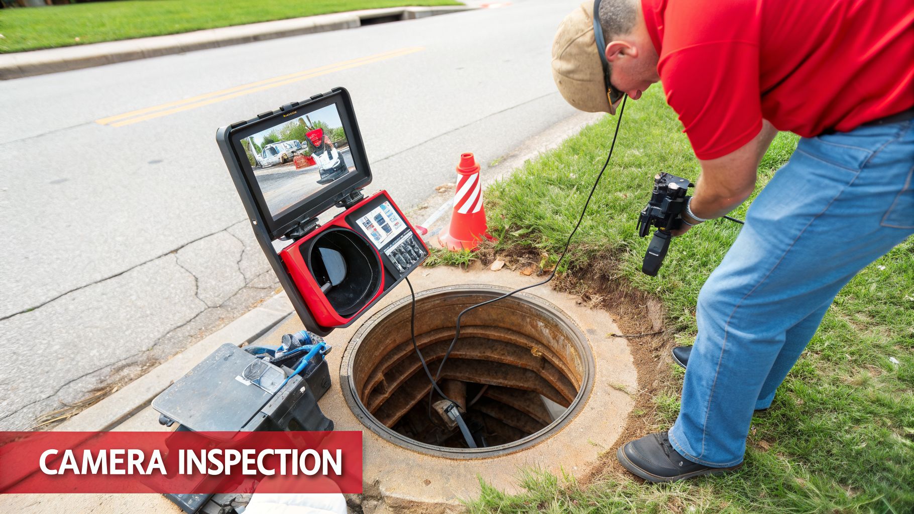 A technician uses a camera system to inspect a pipe through an open manhole, with a monitor.