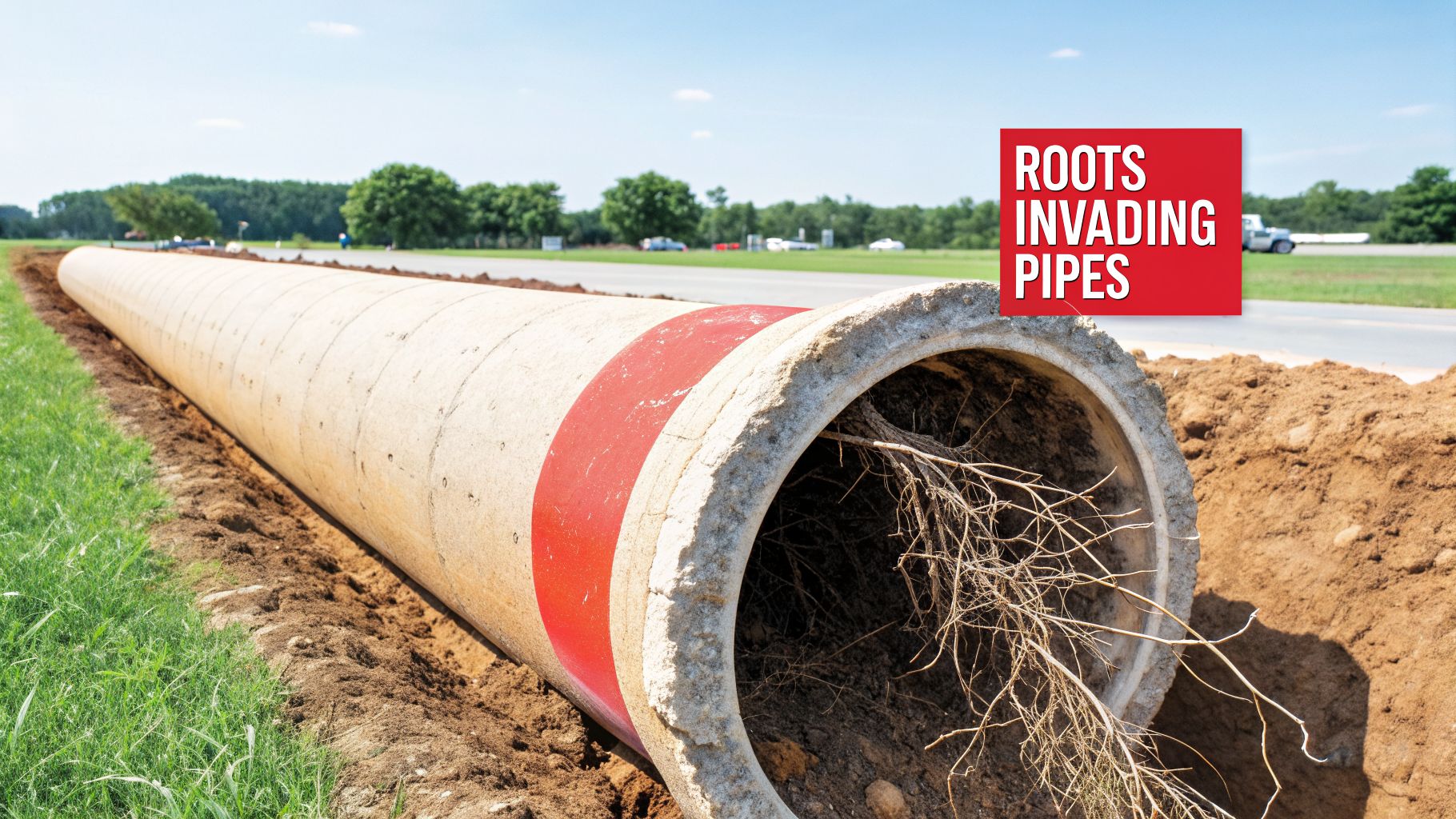 Long concrete drainage pipe partially buried, showing a dense mass of tree roots and soil inside.
