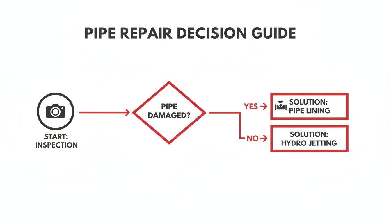 Flowchart outlining pipe repair decisions: start with inspection, check for damage, then choose pipe lining or hydro jetting.