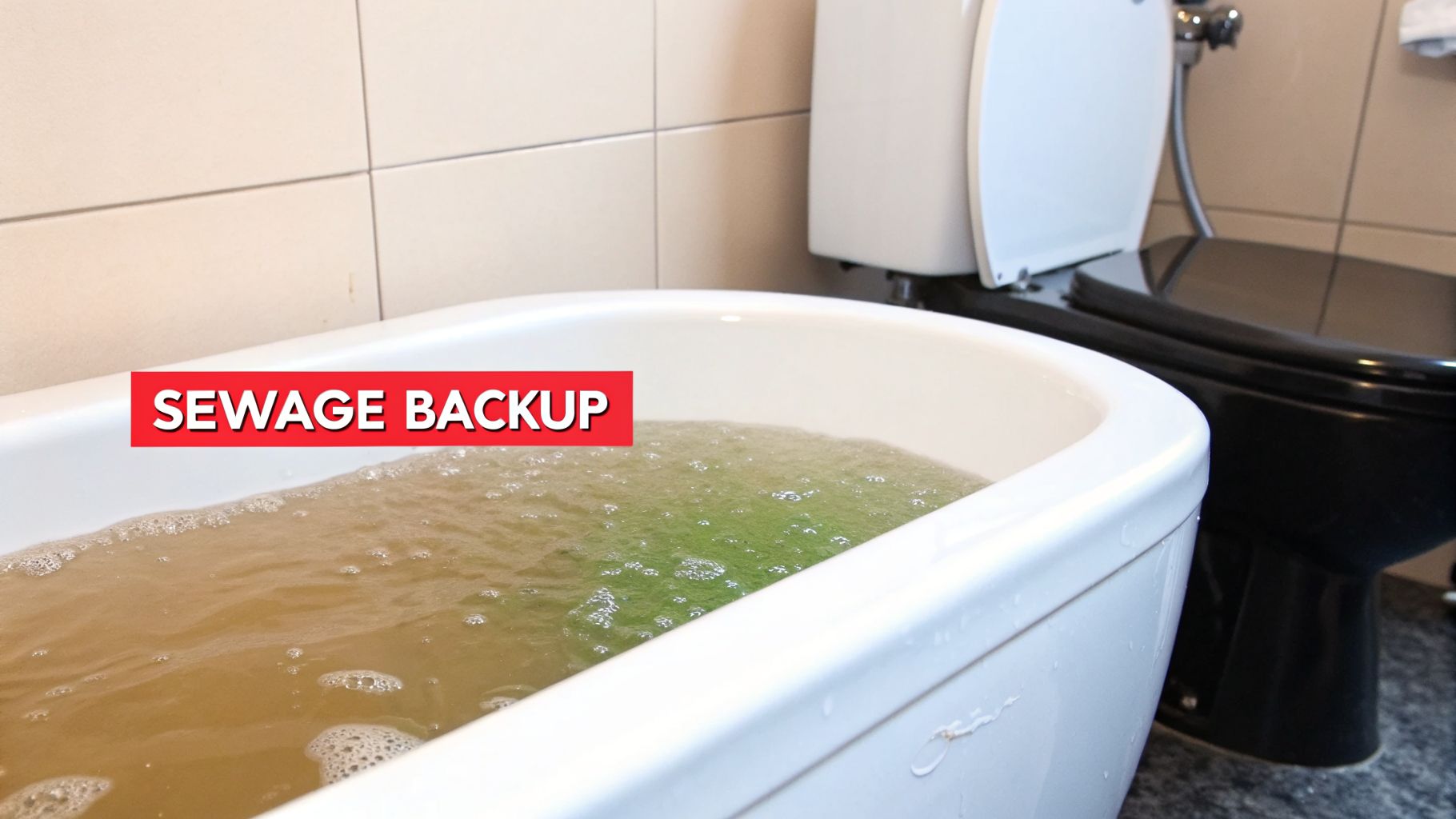 8 Critical Signs of a Sewer Backup to Watch For 2 A bathtub filled with dirty, greenish-brown water and foam from a sewage backup, with a toilet in the background.