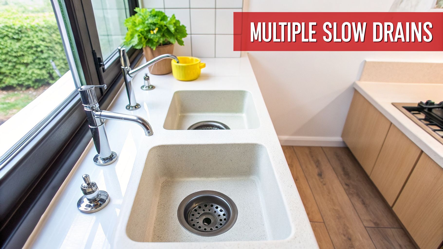 8 Critical Signs of a Sewer Backup to Watch For 1 Modern kitchen with two sinks, chrome faucets, and a window, highlighting slow drains.