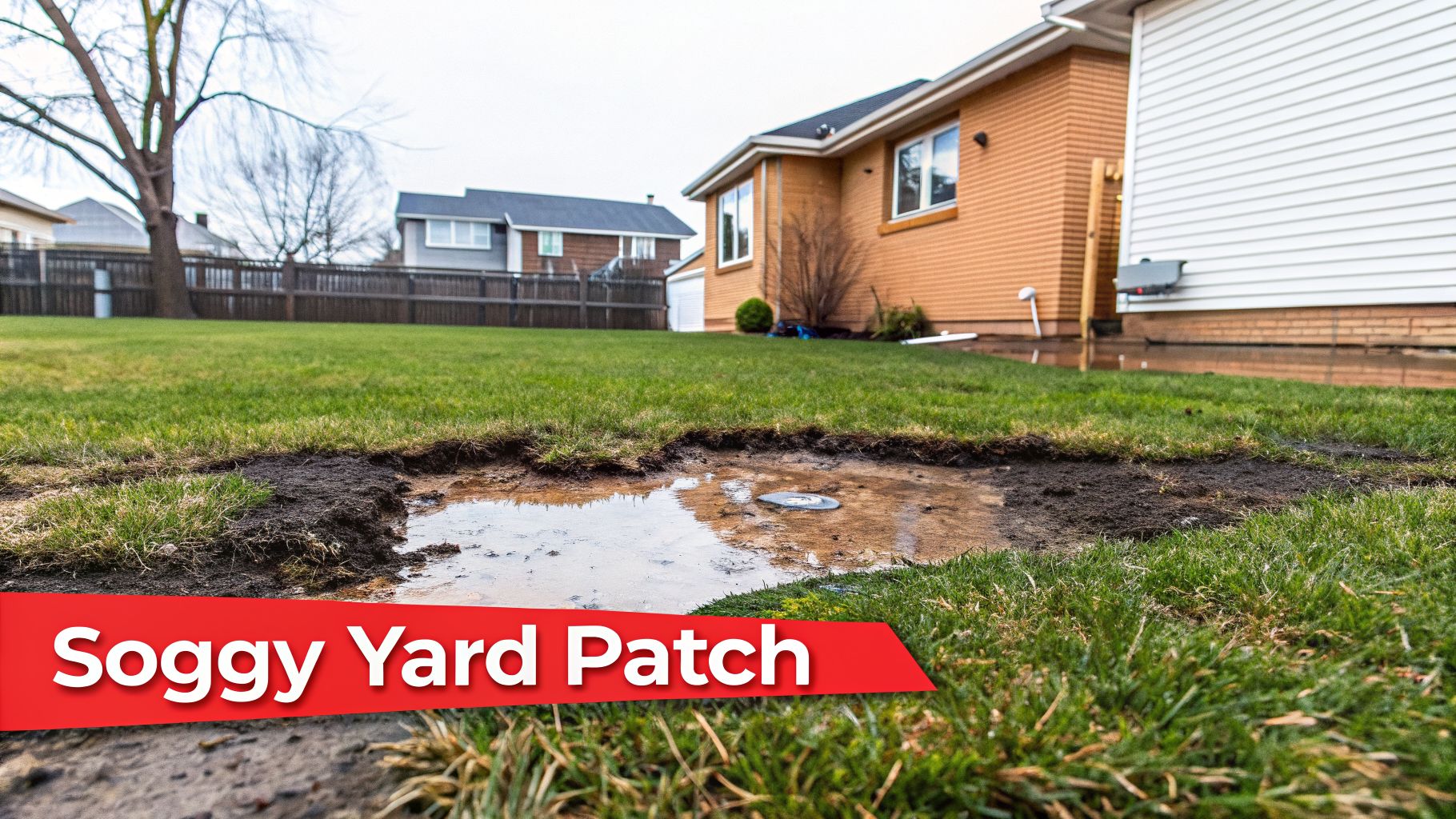 8 Critical Signs of a Sewer Backup to Watch For 3 A soggy yard patch with standing water and disturbed grass, with houses in the background.