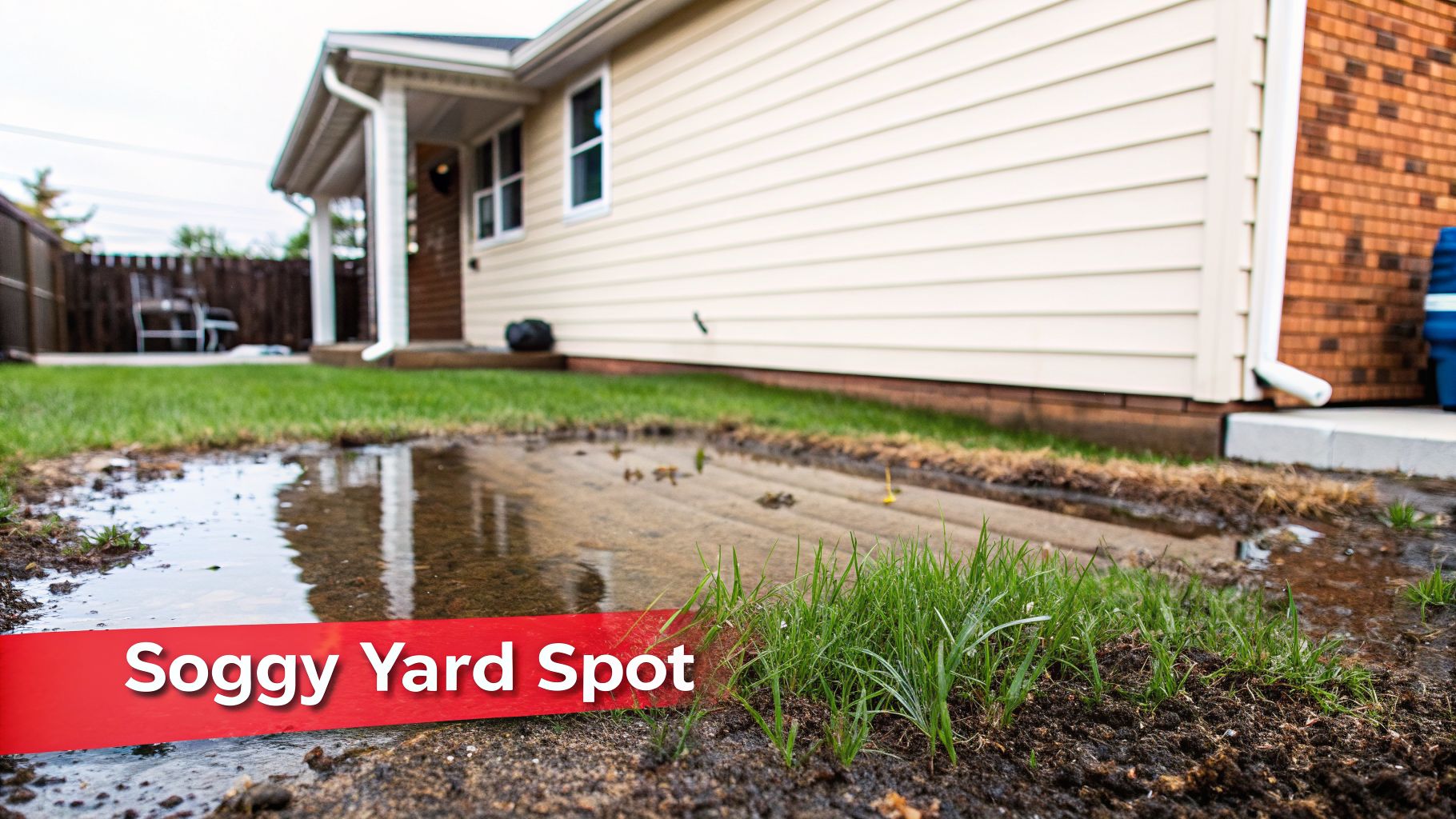 7 Common Signs of Sewer Backup to Watch for in Your Property 1 A soggy, muddy spot with standing water in a backyard next to a house.